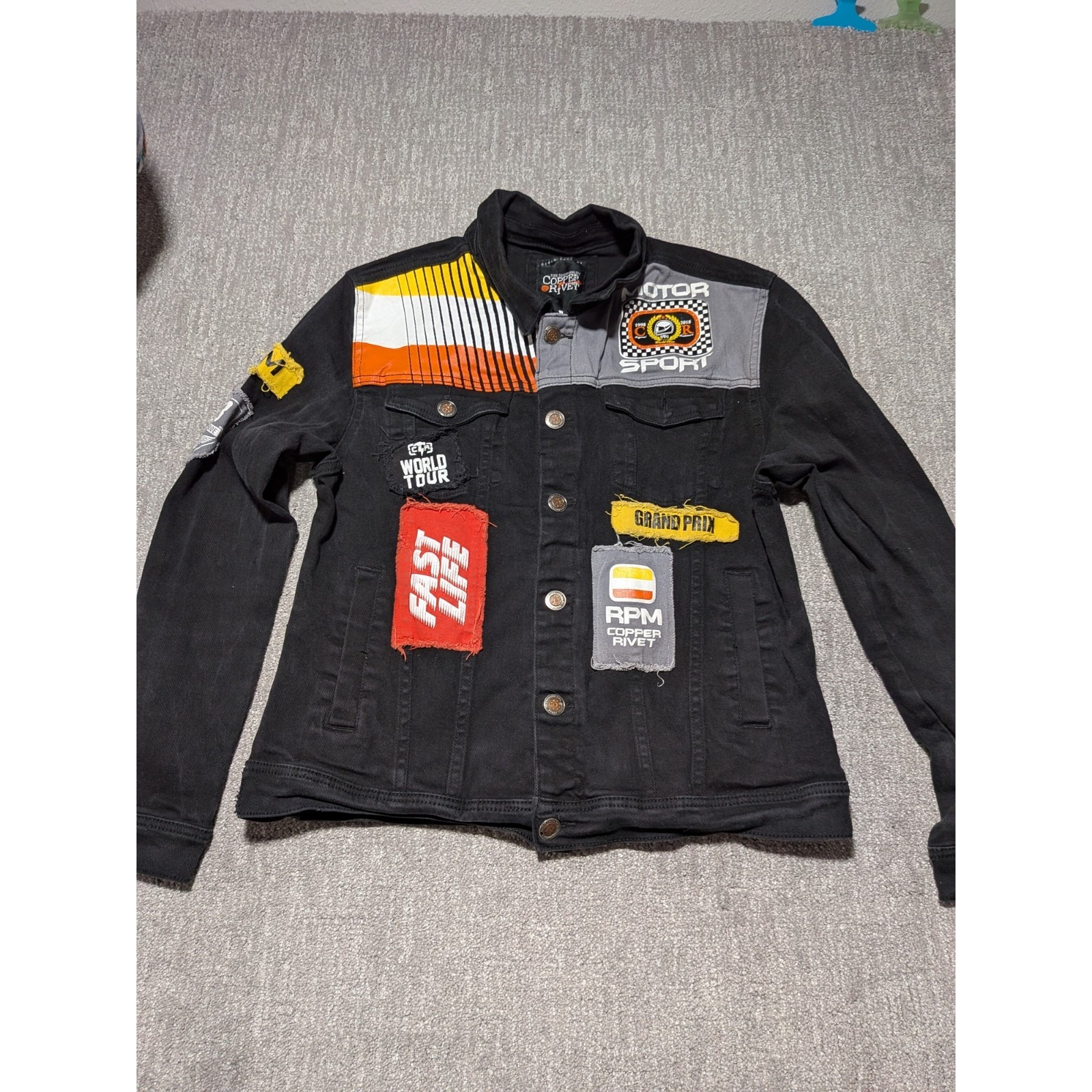 Copper Rivet Mens Denim Jacket Xl Black World Tour Moto Patch Streetware